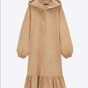 Zara Beige Poplin Hooded Large Midi Dress with V-neckline